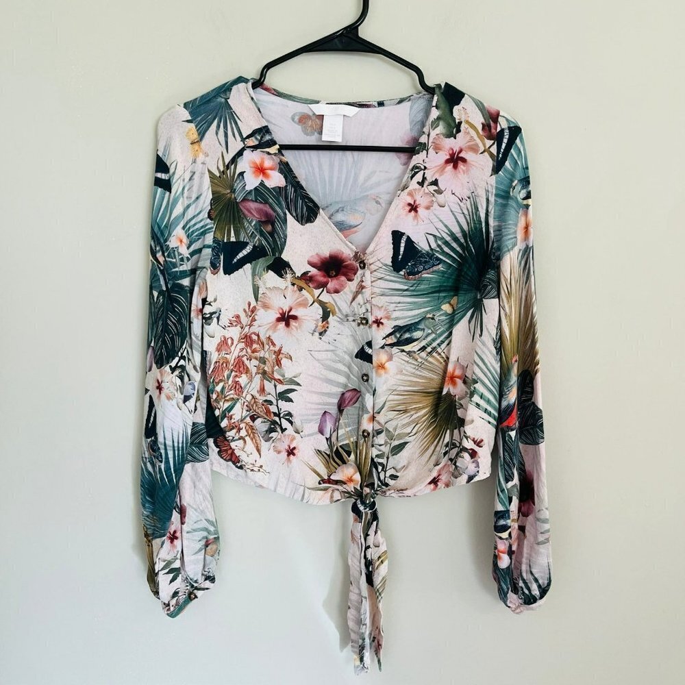 H&M Tie-Hem Blouse in Natural White/Patterned Floral Bird Print SZ 2